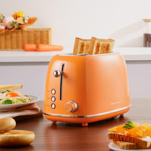 Roter Mond 2 Slice Toaster Retro Stainless Steel with Bagel, Cancel, and Defrost Functions, 6 Bread Shade Settings, Extra Wide Slots and Removable Crumb Tray, Orange - color: Orange