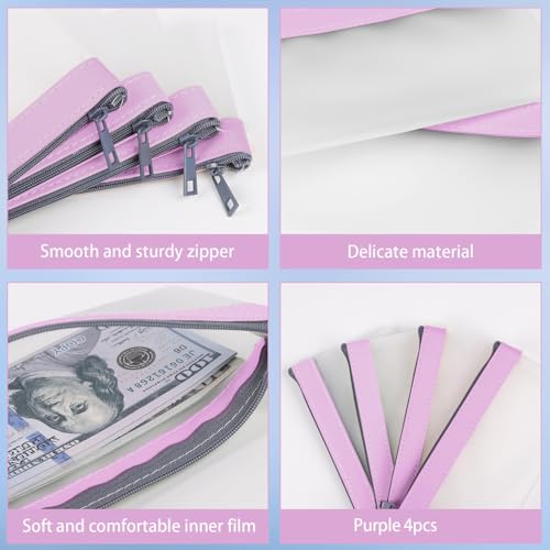4 Pack Clear Money Envelopes for Cash Money Bag Pouch 7.6x3.7 inch - color: Purple