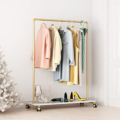 Gold Metal Clothing Rack with Wood Shelf, Heavy Duty Rolling Garment Rack with Wheels for Bedroom Retail Boutique Use (49.21L inches) - style: single-medium