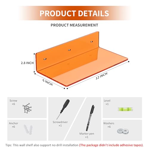 Sezanrpt 12 Inches Small Orange Wall Shelves Set of 2, Acrylic Floating Shelf for Bedroom, Living Room, Funko Pop Shelves, Smart Speaker, 2 Pack - color: Orange, size: 12 Inch