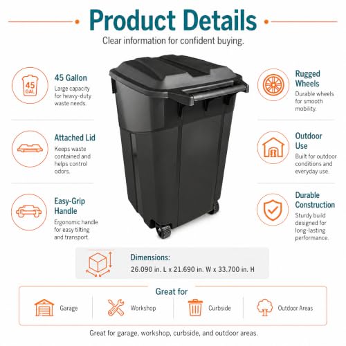45-Gallon Outdoor Wheeled Trash Can with Attached Lid, Black - size: 45