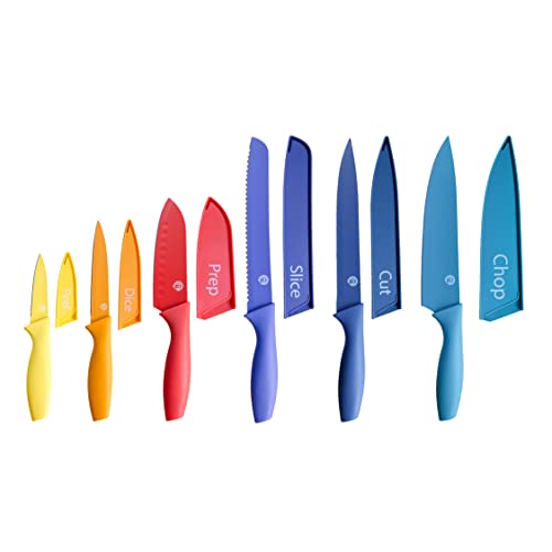 MasterChef Kitchen Knives Set with Covers incl. Paring, Boning, Carving, Bread, Santoku & Chef Knife, Sharp Cutting Stainless Steel Blades with Sheaths, 12 Piece (6 Colored Knives & 6 Covers) - color: Vivid (with Captions), style: Knives with Covers