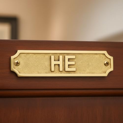 Brass HE Door Sign Plaque 22 x 5 cm | Gender Restroom Sign Wall Plate | Office, Home, Commercial Bathroom Identifier Sign with Mounting Screws - color: HE