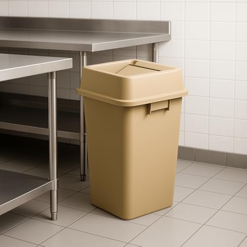1 Pack Beige 19 Gallon Square Commercial Trash Can with Lid, Heavy Duty Plastic Waste Bin with Venting Channels and Built-in Handles - color: Beige, size: 19 Gallon