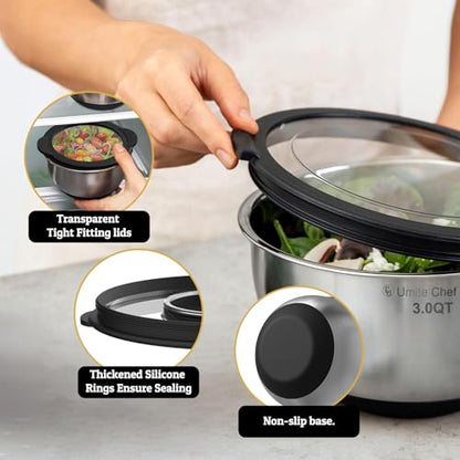 Mixing Bowls with Lids Set - Non-Slip, Airtight Warp-Proof TPR-AS Lids, Thicker Stainless Steel Bowls, Measurement Lines & 3 Graters, Prep Meal Bowl, Black Nesting Bowl for Kitchen, 5/3/2/1.5/0.63QT - color: Black