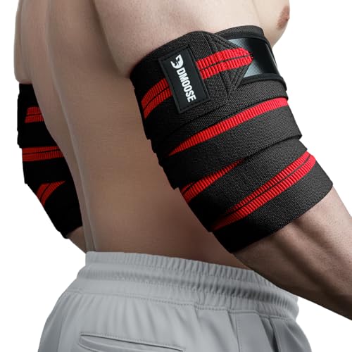 DMoose Elbow Wraps for Weightlifting Men & Women (Pair) - 40'' Adjustable Elbow Strap for Gym Workout & Bench Press, Compression Support Wrap for Tendonitis, Joint Support, Power Lifting & Deadlifts - color: Red