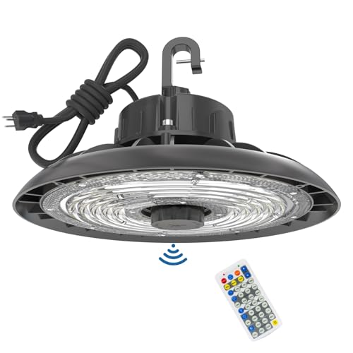 HYPERLITE UFO LED High Bay Light with Motion Sensor 21000LM, 150W Smart High Bay LED Lights with Remote Control, 120-277V IP65 Waterproof High Bay Shop Light for Shop Barn Warehouse - size: 150W/1Pack