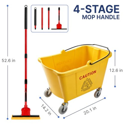 Commercial Sponge Mop and Bucket Set with Wheels for Floor Cleaning - size: 1 mop +2 mop heads+ 1 Bucket