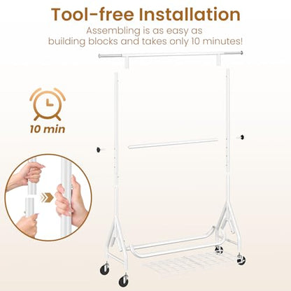 Heavy Duty Clothes Rack for Hanging Clothes, Double Rods Clothing Rack with Lockable Wheels, Rolling Garment Racks with Shelf, Easy to Assemble, White - color: White, size: Doule Rods