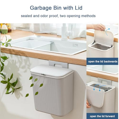 Kitchen Compost Bin Cabinet Hanging Small Trash Can with Lid 2.4 Gallon - color: grey
