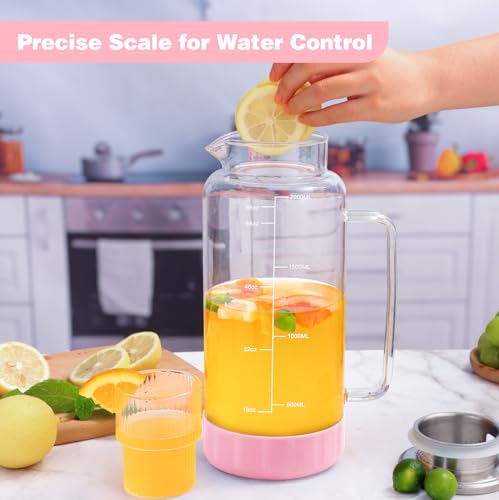 Aofmee 68oz Glass Pitcher with Lid and Handle for Fridge, Pink Silicone - color: Pink Silicone