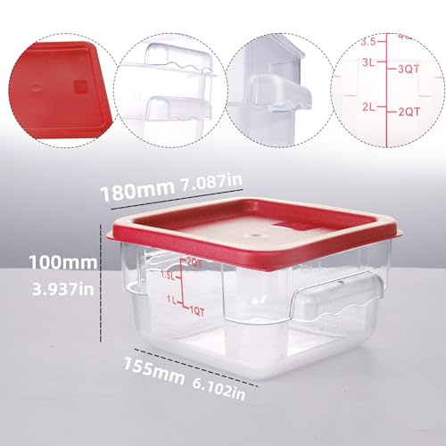 2 Pack RED Square Food Storage Container With Lid,Commercial Storage Box With Scale & Handle,Cake Making,Dough Marinating Meat,Kitchen Supplies (2 Quart) - size: 2 Quart-RED LID & MEASURING LINE