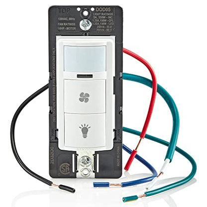 Leviton Decora in-Wall Combination Occupancy Sensor with Fan Switch, Auto-On or Manual-On, 1/4 HP, Residential Grade, Single Pole, White, DOD05-1LW