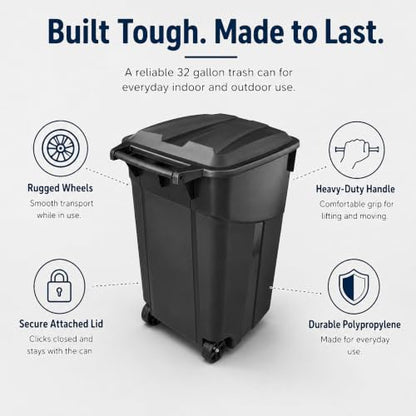 32 Gallon Outdoor Trash Can with Wheels, Heavy Duty Garbage Bin for Patio - size: 32 Gallon