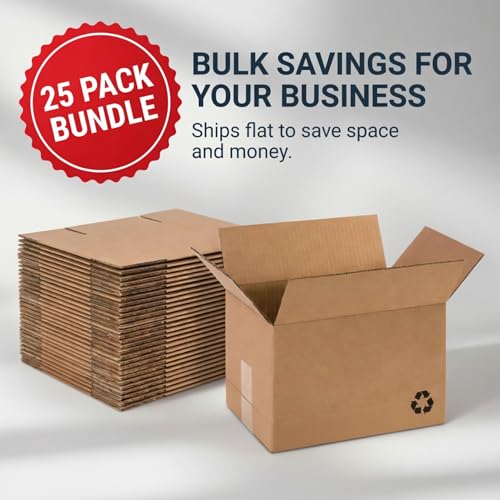 Flat Shipping Boxes 12"L x 9"W x 6"H (25-Pack) | Corrugated Cardboard Single-Wall Small Kraft Boxes for Moving, Packing and Storage - size: 12x9x6