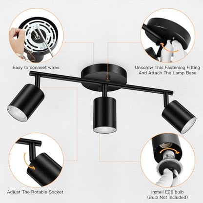 BoostArea LED 3 Light Track Lighting Kit, Black 3 Way Ceiling Spot Lighting, Flexibly Rotatable Light Head for Kitchen, Living Room, Bedroom, GU10 Bulb Not Included - color: 3 Light