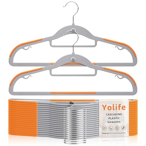 Yolife Cascading Plastic Clothes Hangers 10 Pack with Inner Hook for Vertical Storage, Slim Space Saving Hangers with Non-Slip Pads, 360° Swivel Metal Hook, Versatile, Gray & Orange - color: Gray & Orange