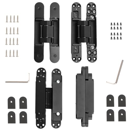 4-Pack 7 inch Black Hidden Door Hinges, Heavy Duty Zinc Alloy Concealed Hinges, Invisible 180 Degree Swing Hinge, 3 Way Adjustable Butt Hinge - color: Black, size: 7 Inch