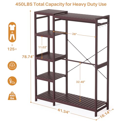 Homykic Bamboo Clothing Rack with 7 Adjustable Shelves, 2 Rods, Espresso - color: Espresso, size: II Medium