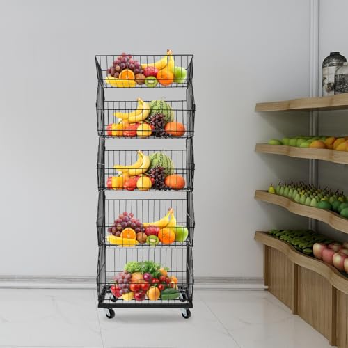 Metal Retail Display Rack | 5 Tiers Market Shelf with 4 Pulleys | Wire Grid Retail Display Stand | Fruit Vegetable Snack Basket | Snack Candy Display Rack | Snack Organizer for Store - color: Black, size: 18.9*17.72*55.12in