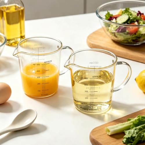 BCnmviku Glass Measuring Cups High Borosilicate 500ML 2CUPS [Insulated Handle | V-Shaped Spout]For Prepping Baking and Cooking Preheated Oven Dishwasher Freezer and Microwave Safe - size: 500ml