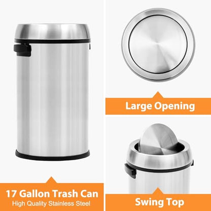 17 Gallon Fingerprint-Proof Stainless Steel Trash Can, Heavy Duty Commercial Round Garbage Bin with Swing Lid for Restaurant, Home, Office, Silver - color: Silver