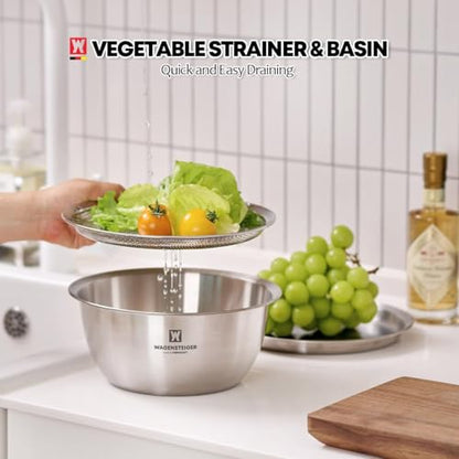 WAGENSTEIGER 3-Piece Stainless Steel Mixing Bowl Set with Strainer & Oil Drain Tray – Nesting Prep & Baking Bowls with Measurement Marks (9.45 in) - size: 9.45 in