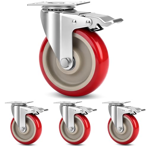5 Inch Industrial Heavy Duty Swivel Caster Wheels with Brake,Set of 4 Safety Locking Casters,Load 2400lbs,Premium Polyurethane Wheels for Table,Trailer,Saw Table,Stage Toolbox,Bed,Corn Board - color: Red, size: 5inch