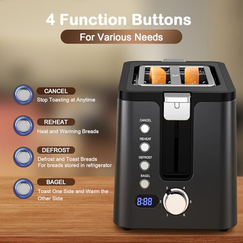 Mecity Toaster 2 Slice Stainless Steel Body, Timer, Bagel, Defrost, Reheat, Cancel Functions, Warming Rack, Removable Tray, 6 Browning Settings, Extra Wide Slots, Bread Toaster, 120V 800W Black - size: 2 Slots