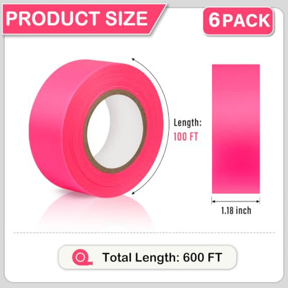 GEYYANG 6 Pack Fluorescent Pink Flagging Tape, 1-3/16in x 100ft, 3.35 Mil - color: Pink, size: 1.18in X 98ft