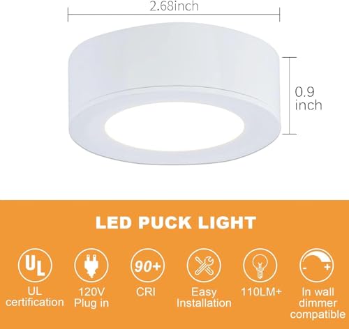 LUMILAND Wired LED Puck Lights (2.7Wx3) Plug-in Lighting Natural White (4000K), LED Cabinet Light for Kitchen Can Be Surface Mount or Recess Mount, White - color: White, size: 4000K