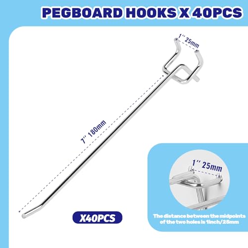 40Pcs 8" /200mm Stainless Steel Pegboard Display Hooks Bulk Set, Silver Garage Organization Peg Wall Hook Metal Slatwall Panel Hook Fit 1/8 and 1/4 Inch Pegboard for Retail - color: Silver, size: 8 inch/200mm