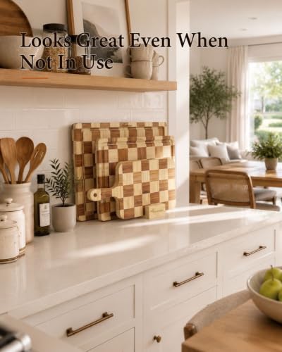 Cutting Board Set of 3 with Holder Checkered Cutting Boards for Kitchen - color: Natural - Set of 3