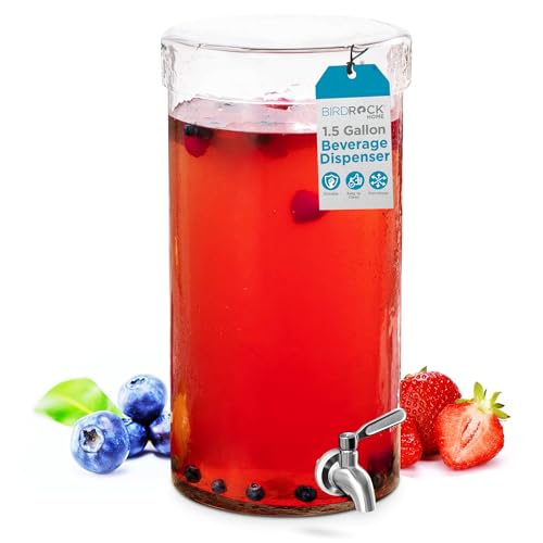 Glass Beverage Dispenser - 1.5 Gallon Drink Dispenser for Parties with Stainless Steel Spigot and Lid - Ideal for Serving Iced Tea, Lemonade, Juice, Sangria, or Cocktails by BIRDROCK HOME