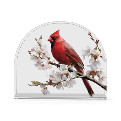 Napkin Holder Highland Red Bird White Flowers Acrylic Tissue Dispenser Non-Slip Holds 50-60 Napkins Freestanding Tissue Dispenser Box, for Kitchen Dining Car Decor - color: red bird white flowers