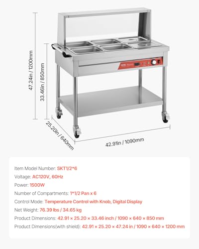 VEVOR 6-Pan Commercial Food Warmer, 6 x 1/2 Pans Electric Steam Table, 1500W Professional Buffet Catering Food Warmer with Shield Undershelf Wheels, Stainless Steel Server for Party Restaurant - size: 6*1/2 Pans