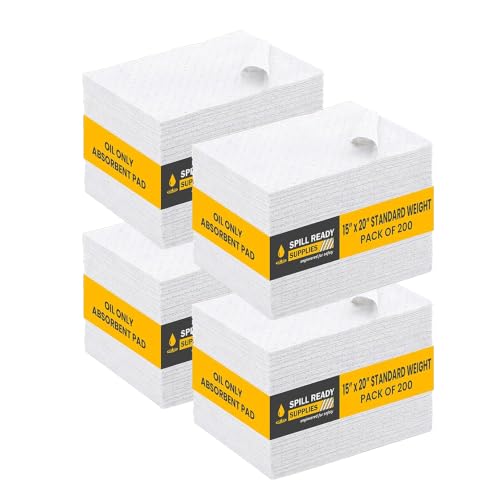 (4 Boxes of 200 Pads) Oil Only Absorbent Pads 15" x 20" - Standard Weight Absorbs Up to 24 oz per pad - 2mm Oil Spill Mat, Hydrophobic Sorbent Mat Pads for Oil - White - color: 200 Pads - Standard weight, size: 4