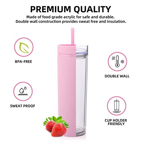 Volhoply 20oz Tumbler with Lid and Straw 8 Pack,Double Wall Clear Plastic Skinny Tumblers Bulk,Reusable Travel Cute Coffee Mug,Acrylic Water Cups With Straw Cleaner for Drinks,Party,Gifts(Pink,8 Set - color: Pink