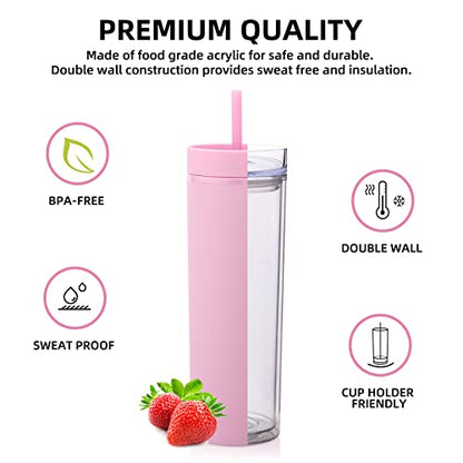 Volhoply 20oz Tumbler with Lid and Straw 8 Pack,Double Wall Clear Plastic Skinny Tumblers Bulk,Reusable Travel Cute Coffee Mug,Acrylic Water Cups With Straw Cleaner for Drinks,Party,Gifts(Pink,8 Set - color: Pink