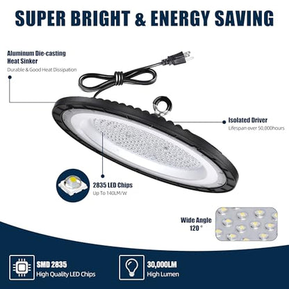 200W UFO LED High Bay Light 10-Pack, 30000LM 5000K AC100-277V UFO High Bay LED Shop Light with Plug Alternative to 800W MH/HPS for Garage Workshop Warehouse Factory Gym Barn.