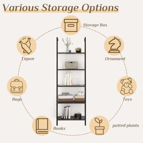 Karl home Dark Walnut 5 Tier Wall Mount Ladder Shelf, Metal Frame Bookcase - color: Dark Walnut