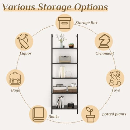 Karl home Dark Walnut 5 Tier Wall Mount Ladder Shelf, Metal Frame Bookcase - color: Dark Walnut