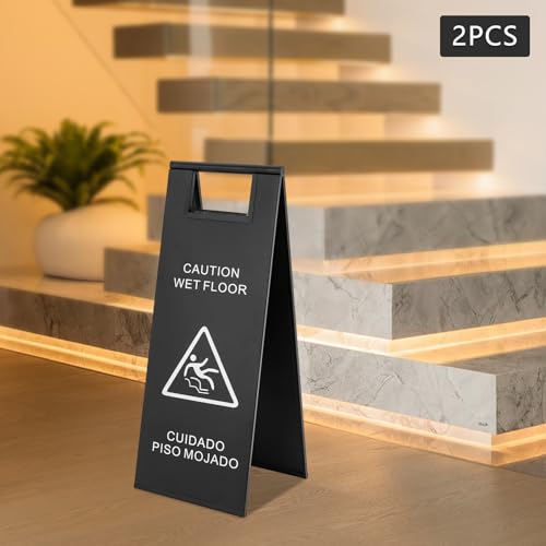 2Pcs Stainless Steel Wet Floor Sign, 23.6 Inch Caution Wet Floor Sign, Double Sided Portable Foldable Safety Warning Signs for Restaurant Restroom Office Avoid Fall (Black)