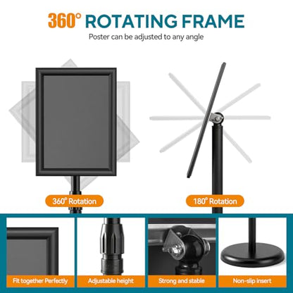 USCNC Sign Holder Stand 8.5x11 inch - Adjustable Floor Standing Sign Holder -Snap open frame,360° Rotation for Malls,Schools,Restaurants (Black 2 Pack)