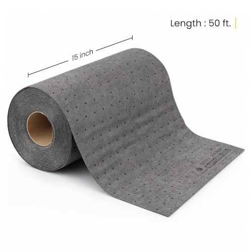 (4 Rolls) Universal Absorbent Mat Roll 15" x 50' - Absorbs Up to 6 gal. per roll, Perforated Industrial Sorbent Mat Roll for Oil, Coolant & Water - Gray Absorbent Pad for Shops - color: 15" x 50' Standard Roll, size: 4