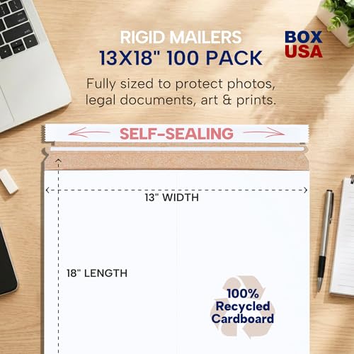 BOX USA Rigid Mailers 13 x 18 (100-Pack) - Cardboard Mailer Envelopes for Posters, Photography Prints, Certificates - Stay Flat - size: 13" x 18" (100-Pack)