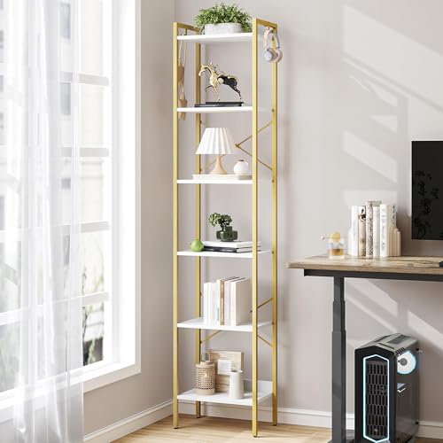 Hzuaneri Bookshelf, Book Shelf, Industrial Bookcase with 2 Hooks - color: White Gold, size: 9.4"D x 15.4"W x 72.8"H