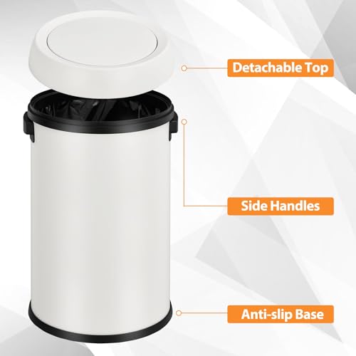 17 Gallon Fingerprint-Proof Stainless Steel Trash Can, Heavy Duty Commercial Round Garbage Bin with Swing Lid for Restaurant, Home, Office, White - color: White
