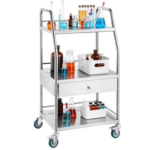 VEVOR Stainless Steel Utility Cart with 3 Shelves & 1 Drawer, 360 Swivel Casters, 220lbs Capacity - style: 3 Shelves/ 1 Drawer