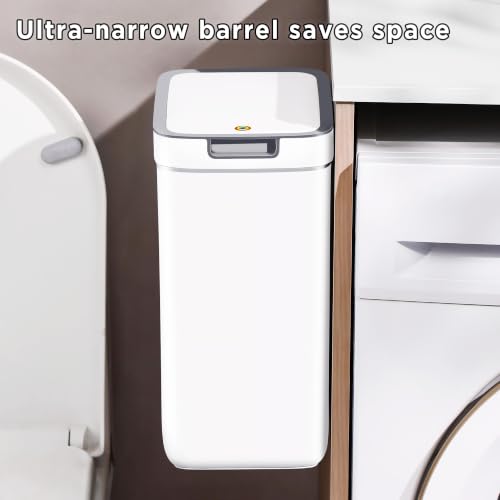 funest 2 Pack Slim Wall Mount Trash Can with Lid, No Drill Hanging Small Garbage Bin for Bathroom Kitchen, Dual Use Floor Standing Narrow Odor Block Press Top Waste Basket for RV Office Bedroom